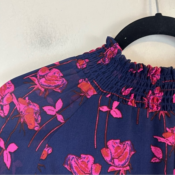 Rachel Roy | Navy Blue Pink Floral Bell Sleeve Cinched Waist Dress Size Medium - Picture 3 of 8